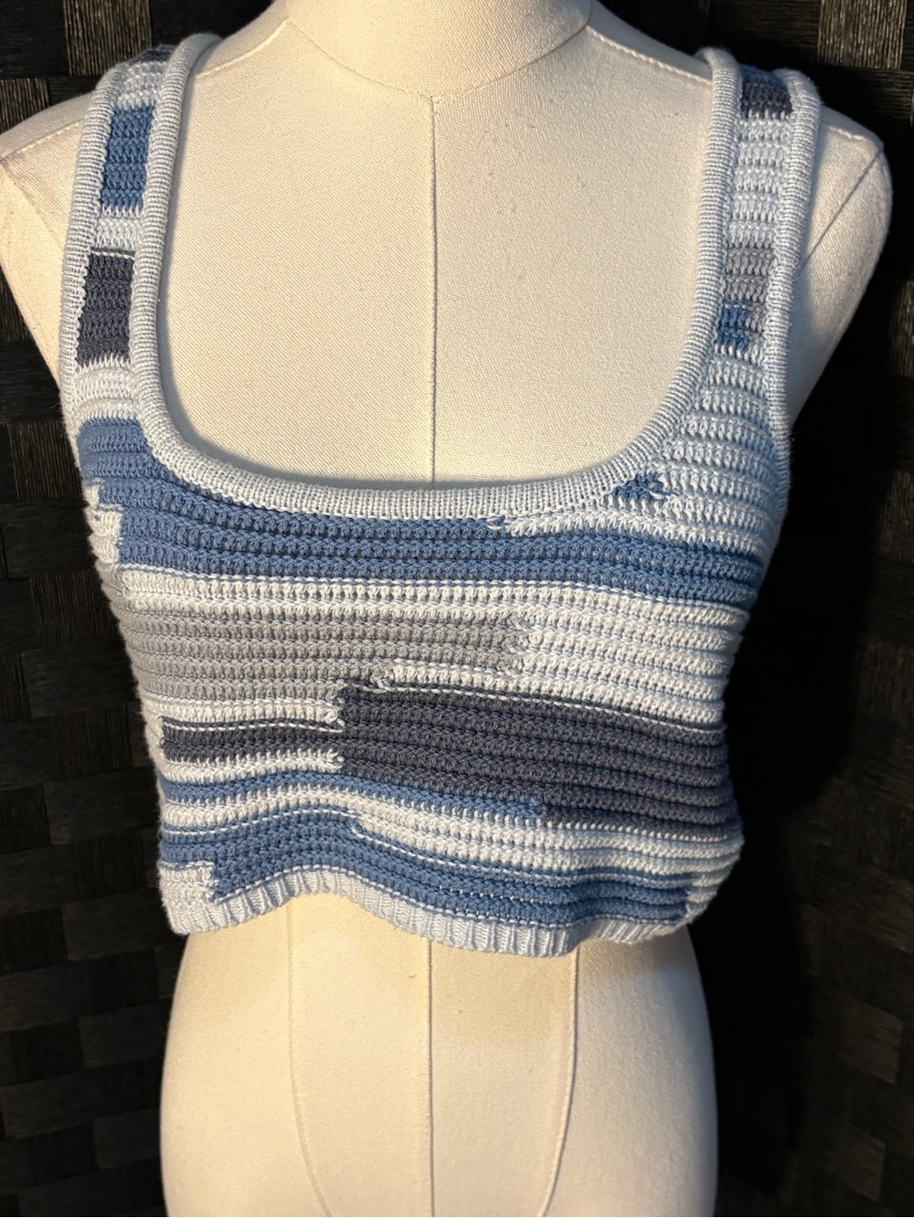 Le Lis Crochet Cropped Blue Multi-Color Block Knit Sweater Tank Top